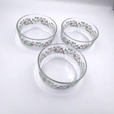 Set of 3 Bormioli Rocco Italy Clear Floral Glass Bowls 4.75" Pastel Frosted Band
