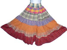 Vtg 70s Full Sweep Multi Color Boho Hippie Plaid Midi Skirt 6 Tiers Sz S/M