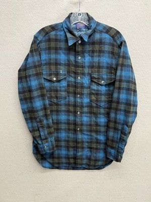 Vintage Pendleton Wool Flannel Shirt Blue Green Plaid Button Down Mens 15.5 M
