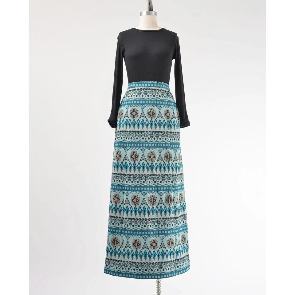 Vintage 70s Boho Tribal Striped Blue & Black Knit Maxi Skirt with Pockets XS S  - Image 2 of 4