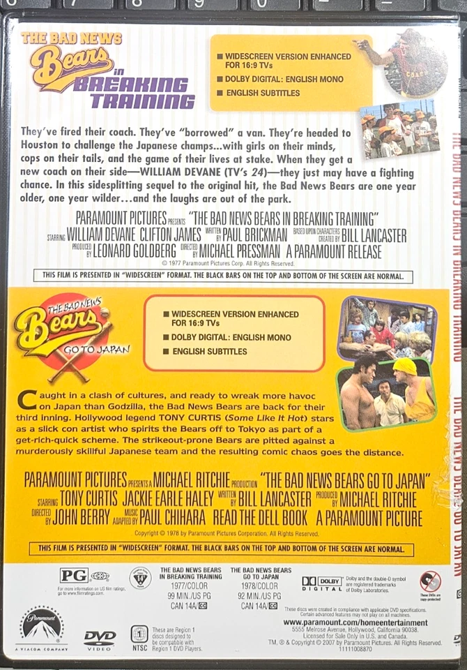 THE BAD NEWS BEARS IN BREAKING TRAINING/ THE BAD NEWS BEARS GO TO JAPAN DVD NEW - Image 2 of 2