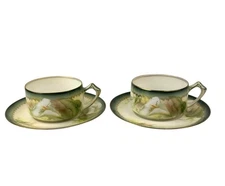 RS Germany Reinhold Schlegelmilch Lily Green Floral Teacup & Saucer Set of 2 VTG