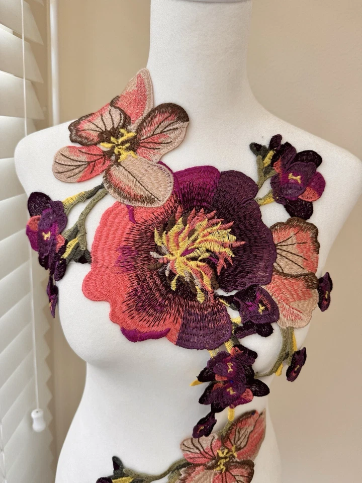 Aplique púrpura y rosa (21” x 12”) parche grande flores bordadas Foto 4 de 4