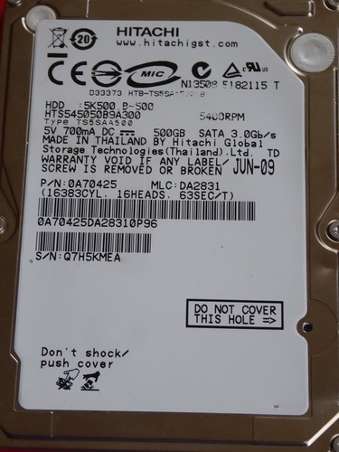 Hitachi HTS545050B9A300 | MLC: DA2831 | P/N: 0A70425 | JUN 2009 | 500GB #08