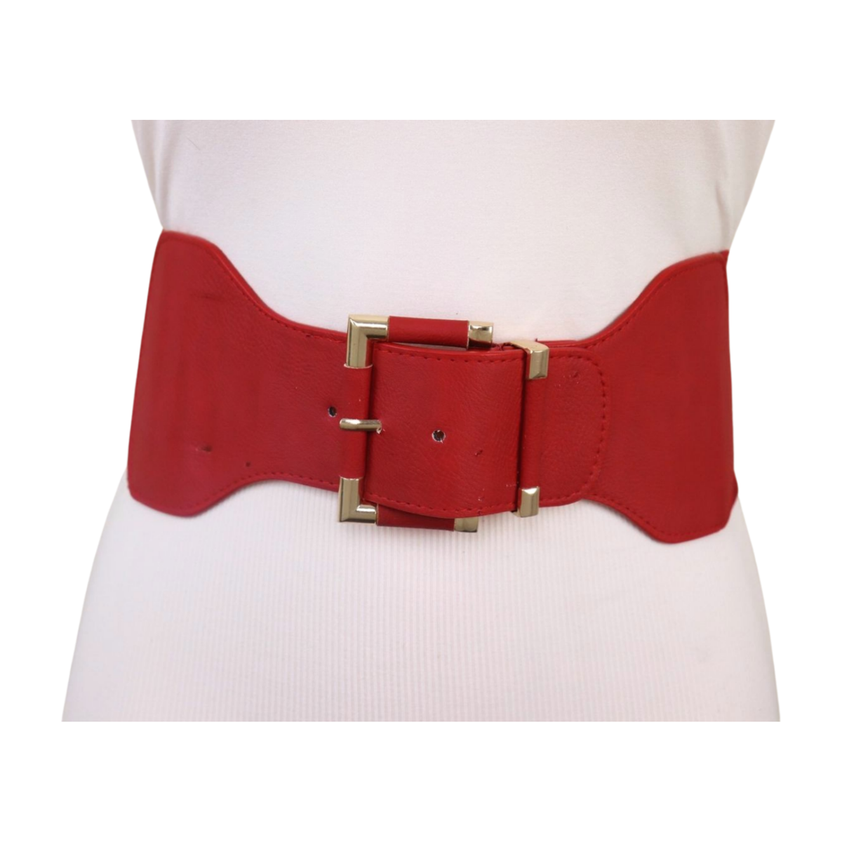 Women Red Elastic Fabric Wide Band Belt Hip High Waist Gold 