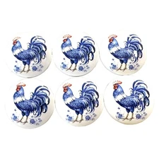 Cabinet and Drawer Knobs, Set of 6 Delft Blue Rooster Wood Cabinet Knobs