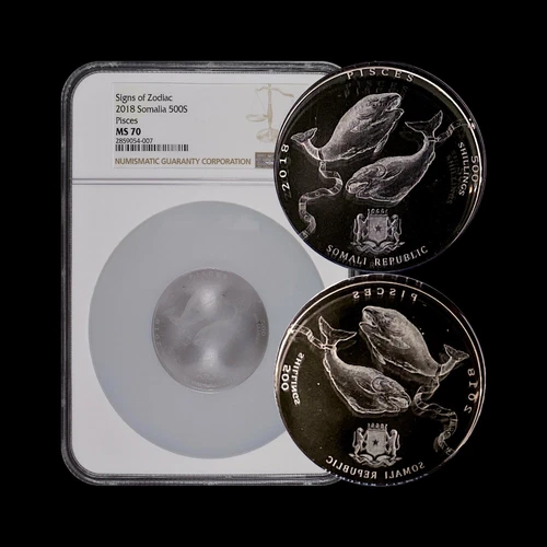 SOMALIA. 2018, 500 Shillings, Crystal - NGC MS70 - Top Pop 🥇 Zodiac Pisces.