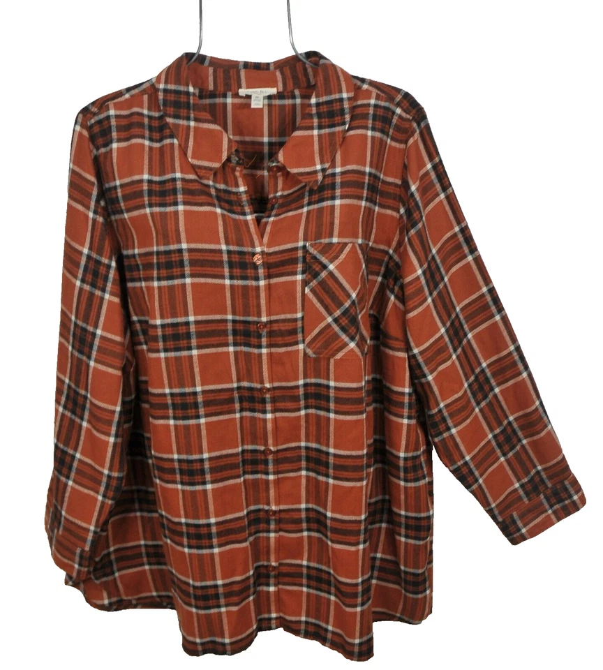 Camisa feminina Como Blu 3X outono abóbora xadrez manga longa botão blusa nova sem etiquetas - Imagem 2 de 4