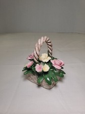 Capodimonte Flowers In Basket Pink Roses Handle Basket