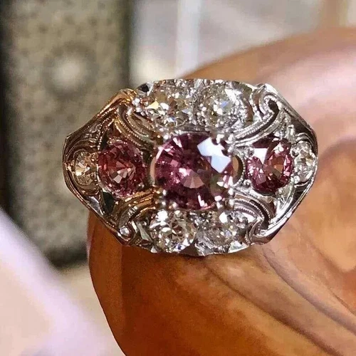 925 Silver Ring Antique Art Deco Round Cut Ruby & Lab Created Diamond Wedding