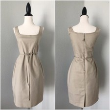 T Tahari Beige Taupe Sleeveless Leather Hem Tie Waist Career Dress Size 8