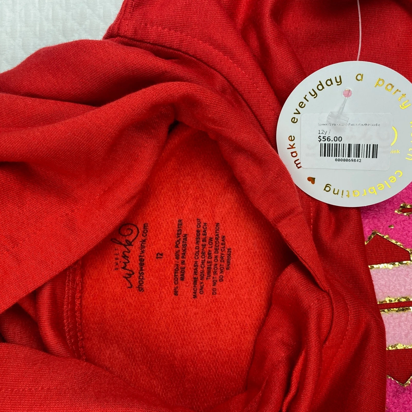 Felpa con cappuccio nuova con etichette Sweet Wink Boutique ragazza taglia 12 XOXO patch maglione San Valentino