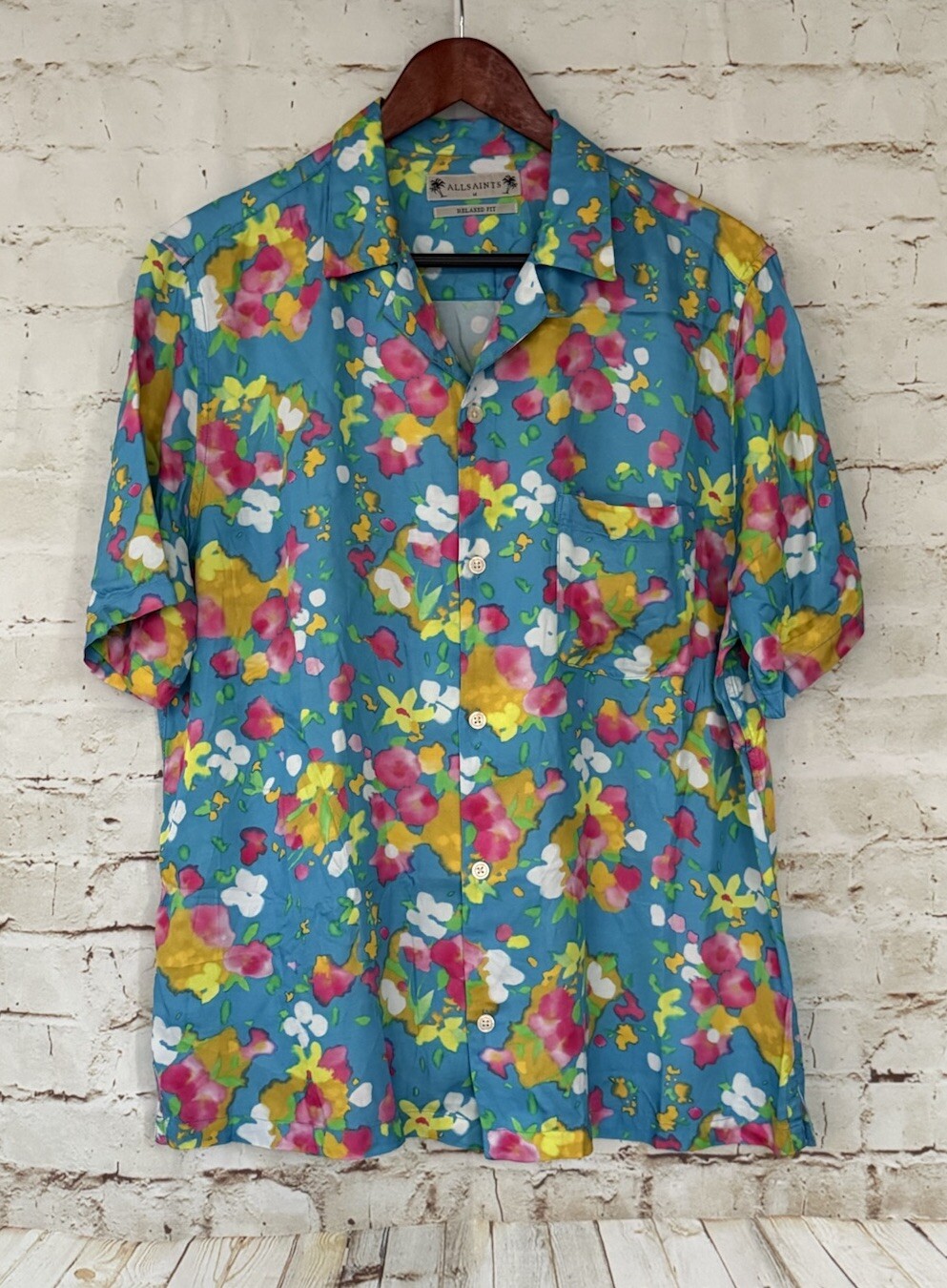 NEW ALLSAINTS Marino Floral Short Sleeve Camp Shirt - Blue/Multicolor - M image 7