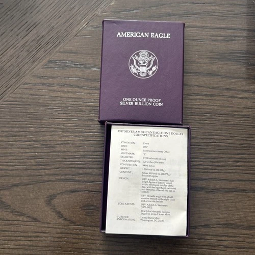 1987 PROOF AMERICAN SILVER  EAGLE $1 DOLLAR COIN + COA+BOX