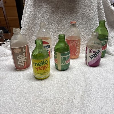 Set Of 7 Various Pepsi Coca Cola Dr Pepper Non Return Bottles 10 & 16 Oz 80-90 s