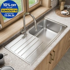Image of Stainless Steel Single Bowl Kitchen Sink Left Hand Modern Drainer Basket Wastes