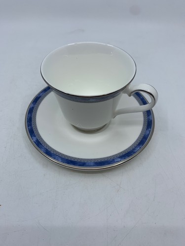 8pc Royal Doulton Atlanta Blue Silver Greek Key Cup & Saucers- Svc for 4 - Picture 6 of 10