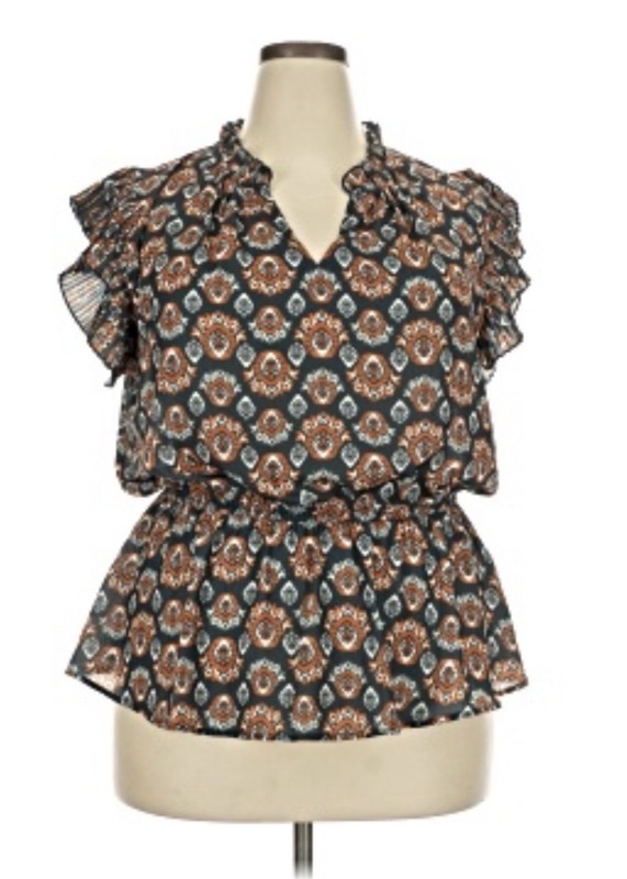 Voy Women’s Plus Pleated Ruffle Sleeve Paisley Print Top Sz 1X Teal & Rust Print