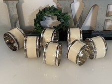 Vintage Set Of 7 Silver Plated And Beige Enamel Napkin Rings Great Quality MCM