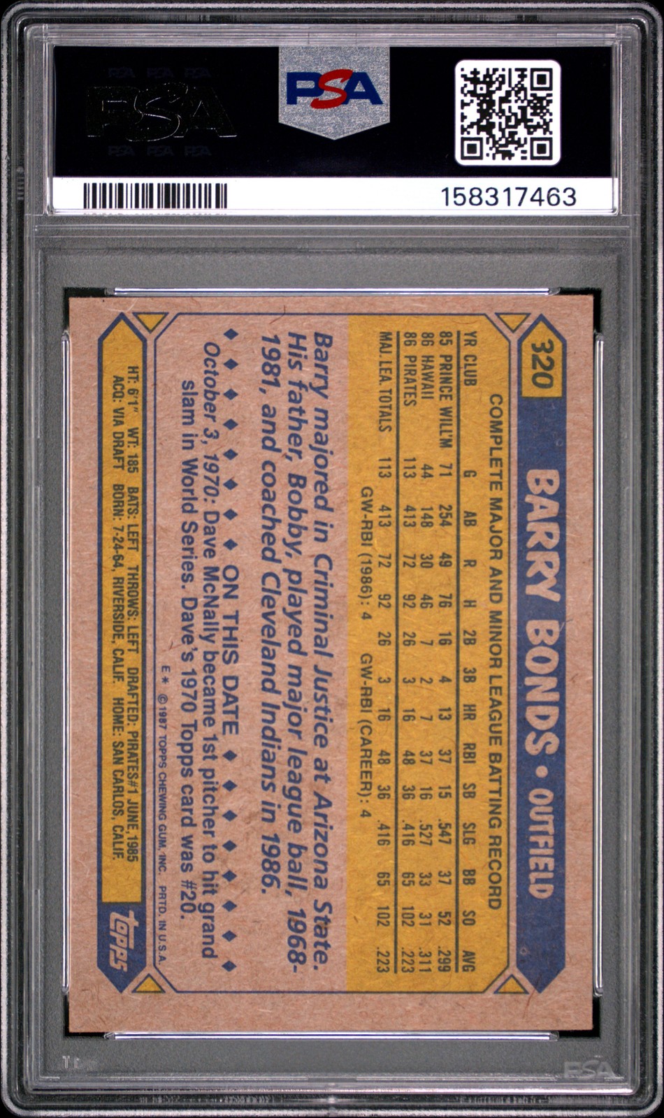 1987 TOPPS #320 BARRY BONDS ROOKIE RC PSA 8 view 2