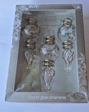 VTG Blown Glass Christmas Tree Ornaments Clear w/Gold Trim Set of 3 With Box