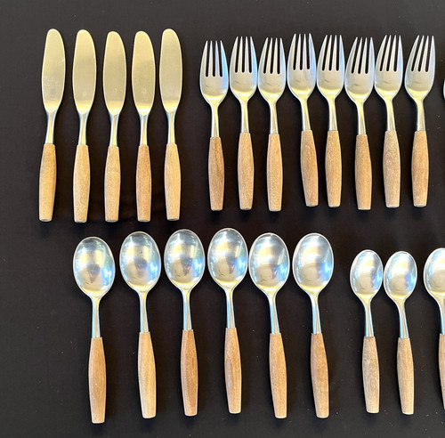 30 Pcs DANSK MCM Fjord Wood Handle Stainless 4 Ducks Logo Germany Flatware Lot - Picture 3 of 13