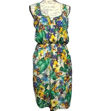 Everly Womens Dress L Multicolor Floral Elastic Waist Notched Neck Vacation