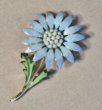 Vintage Hollycraft Floral Enamel Brooch Blue Flower Daisy Pin Jewelry