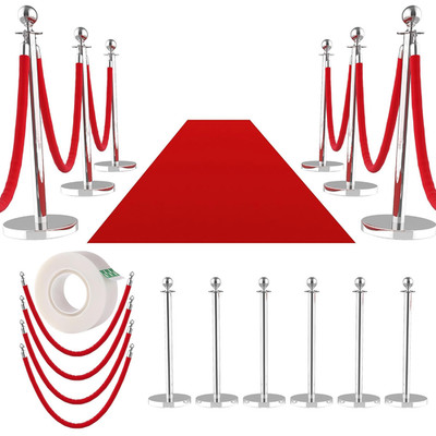 12Pcs Silver Stanchions with Velvet Ropes for Event & Party Crowd Control