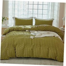 Olive Green Seersucker Duvet Cover Set King Size 104 x 90 inches , 3 Pieces