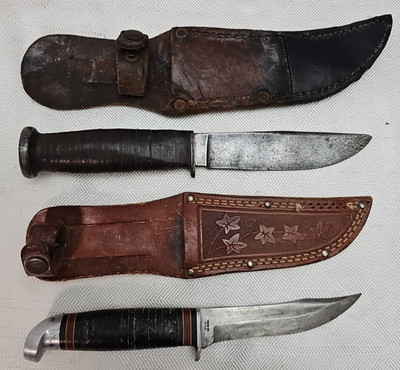 Lot 2 BSA 1940-60 Knifes KA-BAR SHEATH 9.25'' 8.25'' Higgins Boy Scouting Hunting