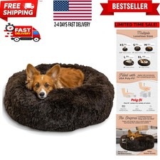 Calming Donut Dog and Cat Bed, Shag Faux Fur, Dark Brown, 30in x 30in - Anxie...