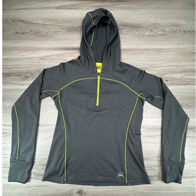 REI Womens Gray Lime Green Quarter Zip Hooded Base Layer Top