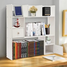 Wood Desk Organizer with Drawers Tabletop Hutch Shelf for Home Office White