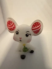Fenton Art Glass Satin White Christmas Mouse. Hand Painted And One Of A Kind.
