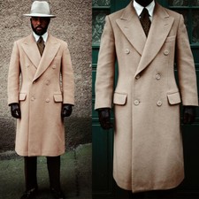 Camel Men's Long Overcoat Cashmere Peak lapel Double Breasted Outdoor Warm Coat