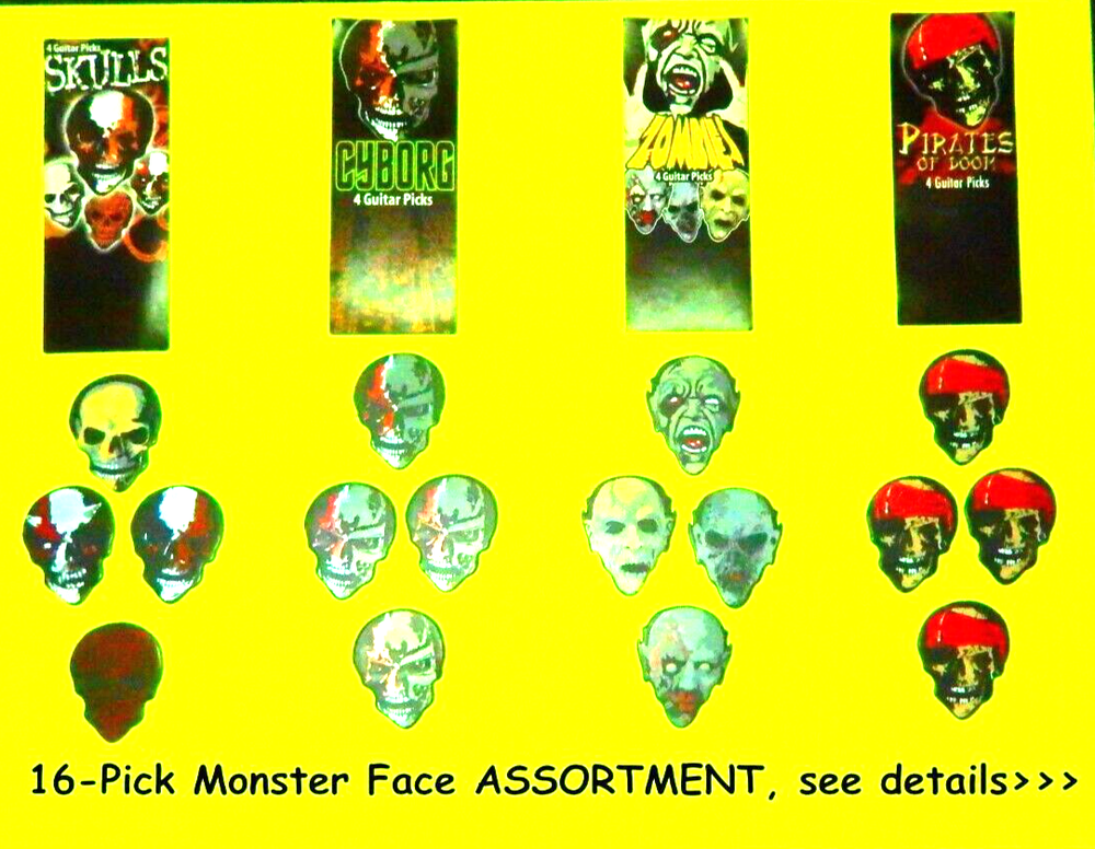 16-Piece Monster Guitar Picks Set - Skulls, Cyborgs, Zombies, Pirates