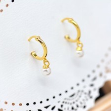 Sterling Silver Hoop Earrings with White Pearl, White Pearl Huggie Hoops