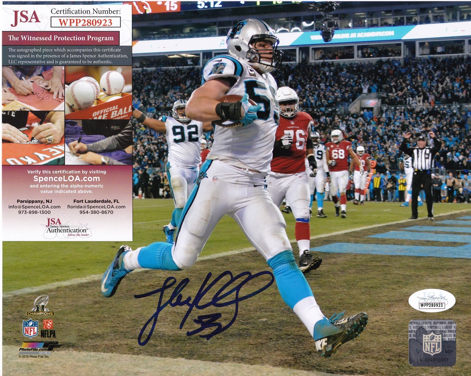 LUKE KUECHLY CAROLINA PANTHERS JSA AUTHENITCATED ACTION SIGNED 8x10 