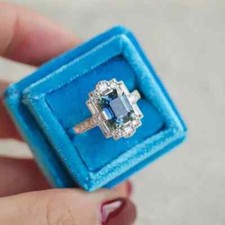 2Ct Emerald Cut Lab-Created Sapphire Art Deco Wedding Ring 14K White Gold Plated