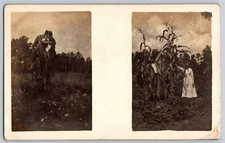 Postcard with 2 photos  Trees Flowers tall bird perch --Man & Woman in Cornfield