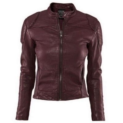 DRAGON TATTOO GIRL MOVIE Trish Summerville H&M Leather Biker Jacket Maroon  XS-S