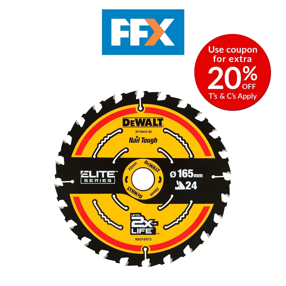 DeWalt DT10624 QZ 165mm 24T 20mm Elite Cordless Circular Saw Blade DCS391