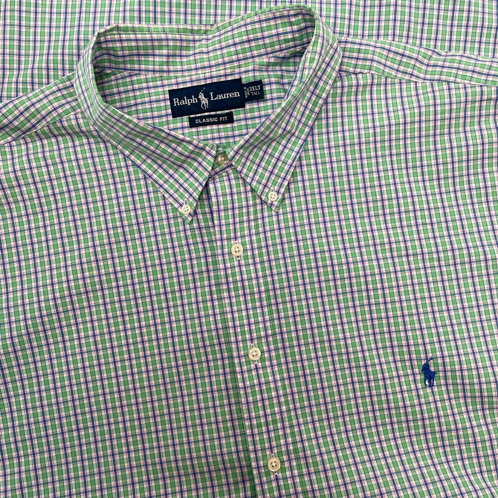 Ralph Lauren camicia uomo 3XLT alta verde blu a quadri manica corta pony preppy cotto