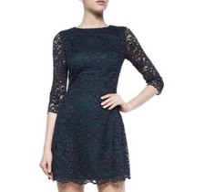 TORY BURCH Dress Blue Lace Green Lined Floral Classy Sheath Cocktail Size 14 EUC