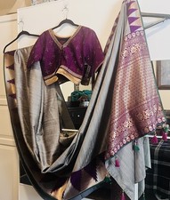 Grey with purple border + full work ready blouse Saree for Women / Girls