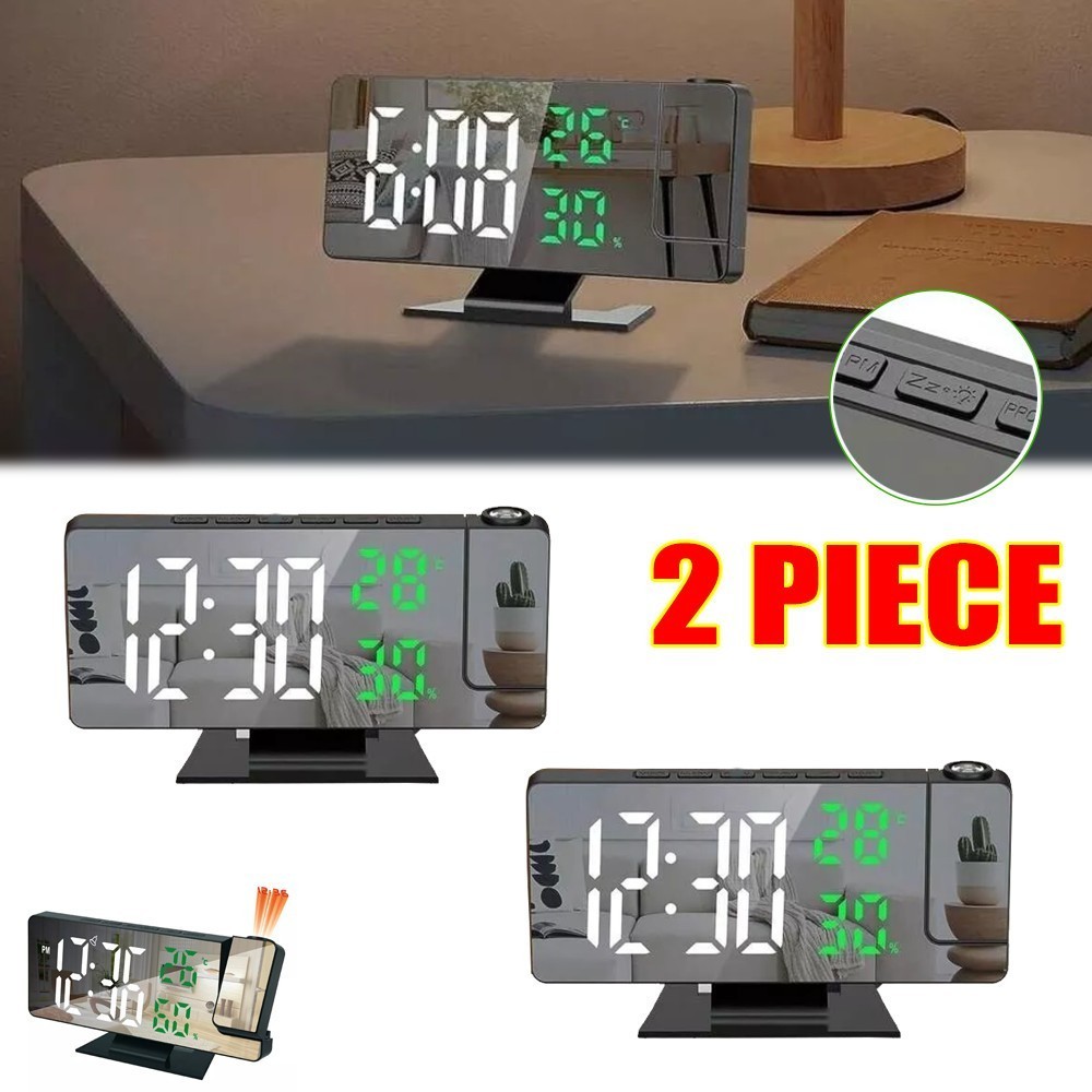 2X LED Digital Projection Alarm Clock with 180° Projector Multifunctional Clock
