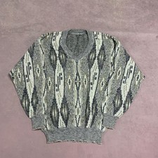 Vintage Knitted Jumper Abstract Patterned V-Neck Grandad Knit Sweater Men's M