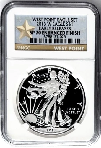 2013 W SILVER EAGLE ENHANCED FINISH WEST POINT MINT SET ER NGC SP70 GOLD STAR