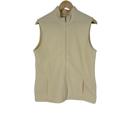 LL Bean Womens Fleece Vest Cream Ivory Full Zip Mock Neck 259068 Large Regular